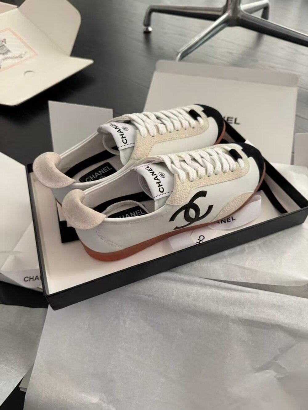 Chanel White Black Suede CC Logo Gum Sole Trainer Sneakers - Picture 5 of 7